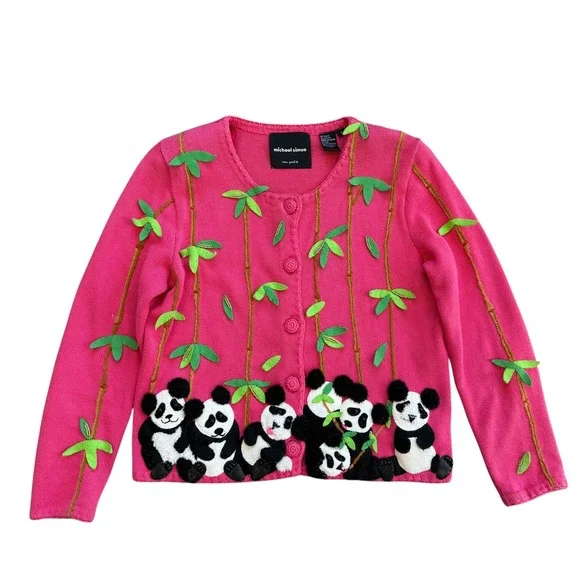 Michael Simon Vintage Panda Bamboo Pink Cardigan Sweater Womens Small Novelty 3D - Picture 1 of 10